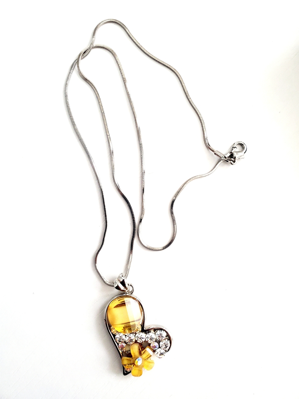 Heart Pendant Necklace with Yellow Crystal and Floral Accent